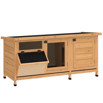 PawHut Cușcă pentru Iepuri din Lemn de Exterior cu Acoperiș din Asfalt, Căsuță cu Uși, Tăvi Detașabile și Hrănitoare, 112x50x54 cm, Galben | Aosom Romania