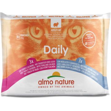 ALMO NATURE DAILY Pachet plicuri pisici cu ton şi somon, cu cod şi creveţi 6x70g