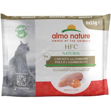 ALMO NATURE HFC Natural Pachet plicuri pisici, cu file de pui şi creveţi 6 x 55g