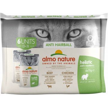 ALMO NATURE HOLISTIC Pachet plicuri pisici anti-Hairball, cu vită şi pui 6 x 70g