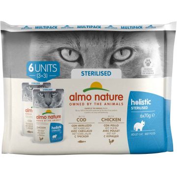 ALMO NATURE HOLISTIC Pachet plicuri pisici sterilizate, cu cod şi pui 6 x 70g