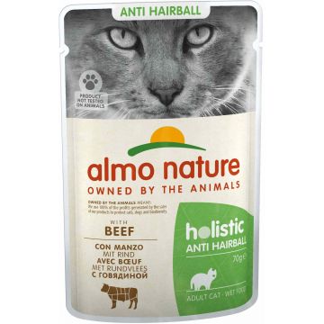 ALMO NATURE HOLISTIC Plic pentru pisici anti-Hairball, cu vită 70g