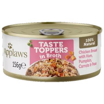 APPLAWS Toppers Conservă pentru câini, cu Pui, Şuncă şi Vegetale în Supă 156g