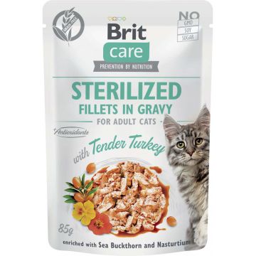 BRIT CARE Sterilized Plic pentru pisici sterilizate, File de curcan în sos 85g