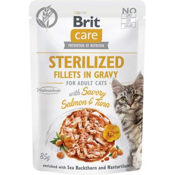BRIT CARE Sterilized Plic pentru pisici sterilizate, File somon/ton în sos 85g