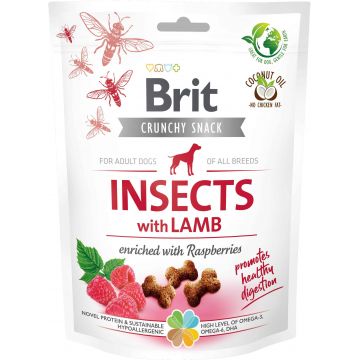 BRIT Crunchy Snack, recompensă pentru câini, cu Insecte, Miel şi Zmeură 200g