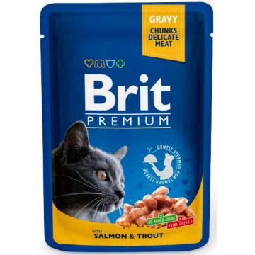 BRIT PREMIUM plic, Bucăţi în sos cu somon şi păstrăv 100g