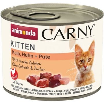 CARNY KITTEN, conservă cu Vită, Pui şi Curcan 200g