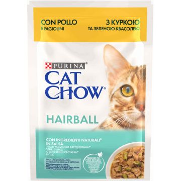 CAT CHOW HAIRBALL Plic hrană umedă cu Pui şi Fasole verde 85g