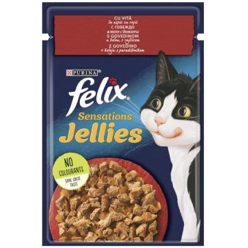 FELIX Sensations Gelees plic pentru pisici, vită în aspic, cu roşii, 85g