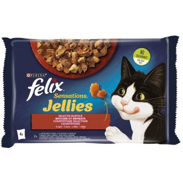 FELIX Sensations Gelees plicuri pentru pisici, vită şi pui, 4x85g