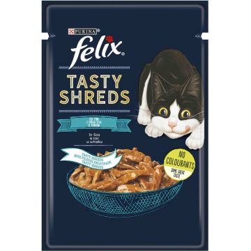 FELIX Tasty Shreds Plic hrană umedă pentru pisici, cu Ton în sos 80g