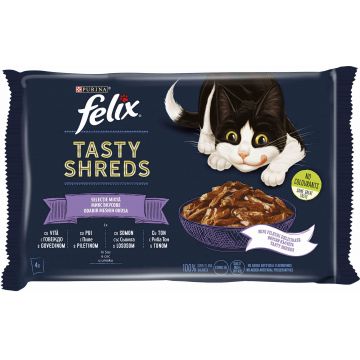 FELIX Tasty Shreds Selectie mixtă cu Vită, Pui, Somon şi Ton în sos 4x80g