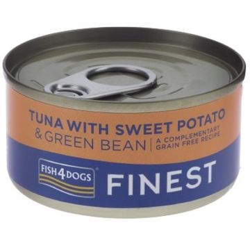 FISH4DOGS Finest Conservă câini, cu Ton, Cartofi dulci şi Fasole verde 85g