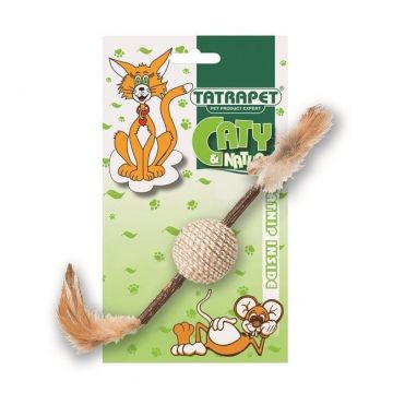 Jucarie pentru pisici Tatrapet Caty Natural, bat cu minge si pene, 24 cm