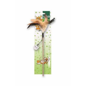 Jucarie pentru pisici Tatrapet Caty Natural, cu soarece textil si pene, 50 cm