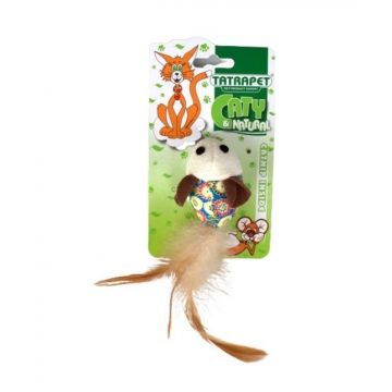 Jucarie pentru pisici Tatrapet Caty Natural, soarece textil cu pene si catnip, 5 cm