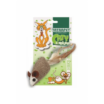 Jucarie pentru pisici Tatrapet Caty Natural, soarece textil, pene si catnip, 5 cm