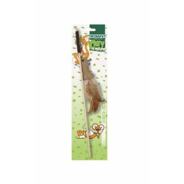 Jucarie pentru pisici Tatrapet Caty Natural, undita cu soarece, pene si catnip, 40 cm