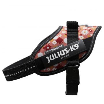 Ham ajustabil, roz cu flori, reflectorizant, circumferința piept 49-67 cm, pentru câini cu greutate de 7-15 kg