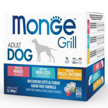Multipack Monge Grill Chunkies - Hrana umeda super-premium - Vita, Cod si Pui - 12x100g