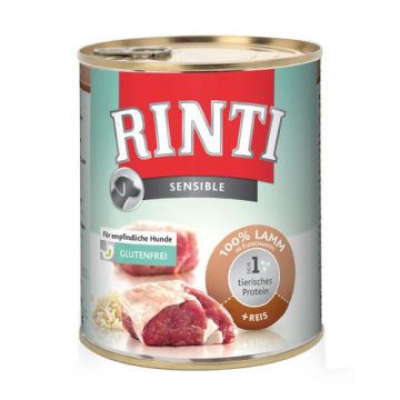 Hrana umeda pentru caini Rinti Sensible cu miel si orez 800 g