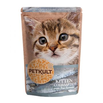 Hrana umeda pentru pisici junioare Petkult cu cod si sardine 100 g