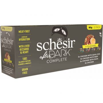 Hrana umeda pentru pisici Schesir After Dark Pachet conserve, bucăţi în supă 12x80 gr