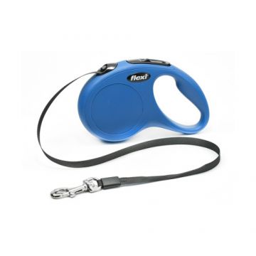Lesa retractabila, albastra, lungime 5 m, pentru caini cu greutate de pana la 15 kg, cu sistem rapid de franare