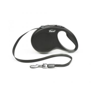 Lesa retractabila, neagra, lungime 5 m, pentru caini cu greutate de pana la 15 kg, cu sistem rapid de franare