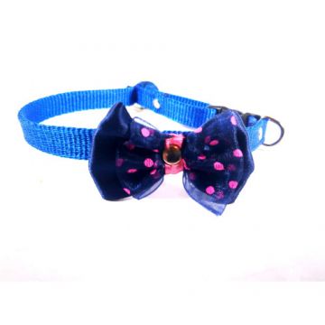 Zgarda ajustabila, albastra, cu fundita dubla din satin si tiul cu buline roz, 10 mm x 38 mm