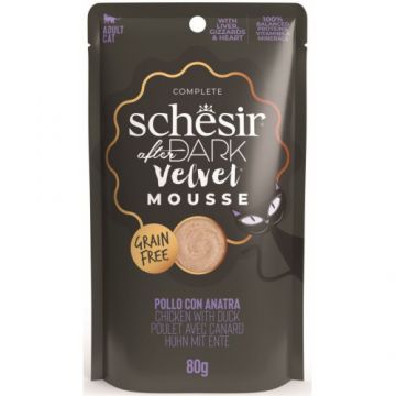 Hrana umeda pentru pisici Schesir After Dark Plic, mousse cu Pui şi Raţă 80 gr