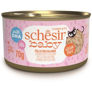 Hrana umeda pentru pisici Schesir Baby Conserva, Supă cu Pui şi Somon 70 gr