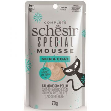 Hrana umeda pentru pisici Schesir Special Skin & Coat Plic, Mousse cu Somon şi Pui 70 gr