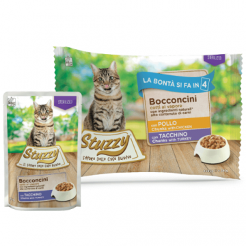 Hrana umeda pentru pisici Stuzzy Sterilized Bucati de pui si curcan in sos 4x85g