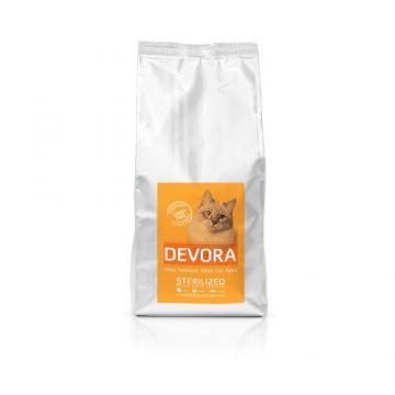 Hrana uscata pentru pisici ?Devora Grain Free Sterilizat cu curcan pui si hering 400 g