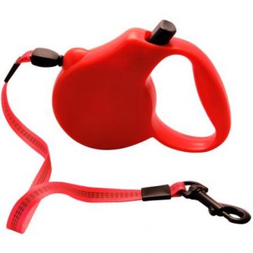 Lesa retractabila pentru caini, rosie, cu buton de blocare, lungime 5 m, pentru caini cu greutate de pana la 20 kg