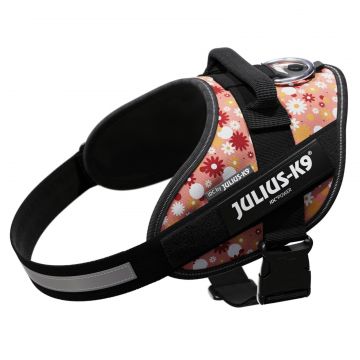 Ham ajustabil, roz cu flori, reflectorizant, circumferința piept 58-76 cm, pentru câini cu greutate de 14-25 kg