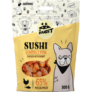 Recompense pentru caini Mr. Bandit SUSHI, pui si peste, 500g