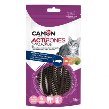 Recompense pentru pisici Camon Actibones Snack cu cod si somon 45 gr