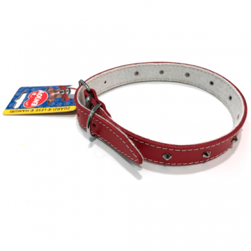 Zgarda din piele, rosie, cu tinte, 14 mm x 400 mm