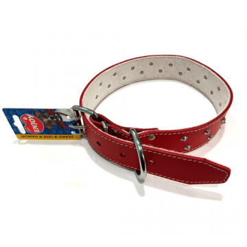 Zgarda din piele, rosie, cu tinte, 40 mm x 700 mm