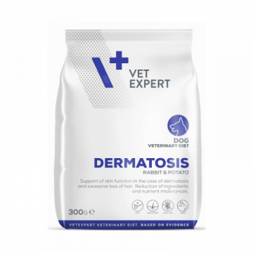 Hrana dietetica pentru caini cu dermatoza Vet Expert Dermatosis Dog, carne de iepure si cartofi, 300 g