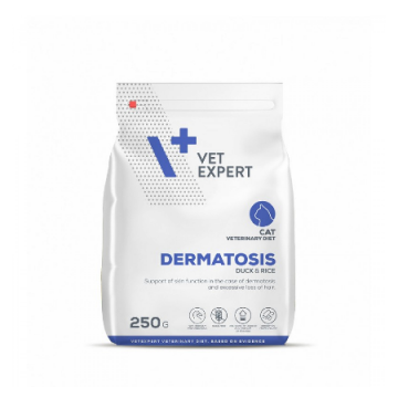 Hrana dietetica pentru pisici cu dermatite Vet Expert Dermatosis Cat, rata si orez, 250 g