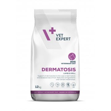 Hrana dietetica pentru caini cu afectiuni dermatologice Vet Expert Dermatosis Dog, miel si krill, 12 kg