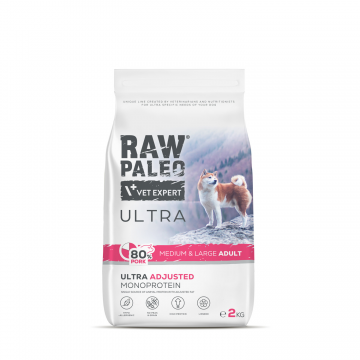 Hrană uscată pentru câini adulți Raw Paleo Ultra Pork, talie medie si mare, 2 kg