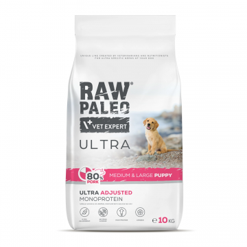 Hrană uscată pentru câini junior, Raw Paleo Ultra Pork, talie medie si mare, 10 kg