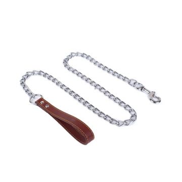 Lesa lant, maro, maner din piele naturala, lungime 1,20 m, pentru caini de talie mare, grosime lant 4 mm