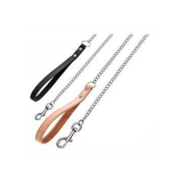 Lesa lant, neagra, maner din piele naturala, lungime 1,2 m, pentru caini de talie mica si medie