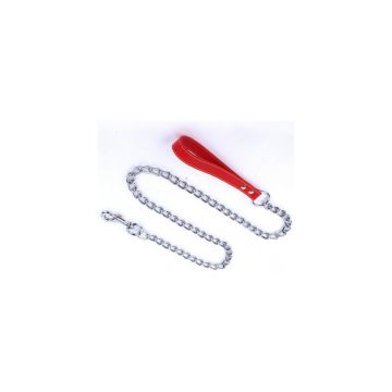 Lesa lant, rosie, maner din piele naturala, lungime 1,2 m, pentru caini de talie mica si medie